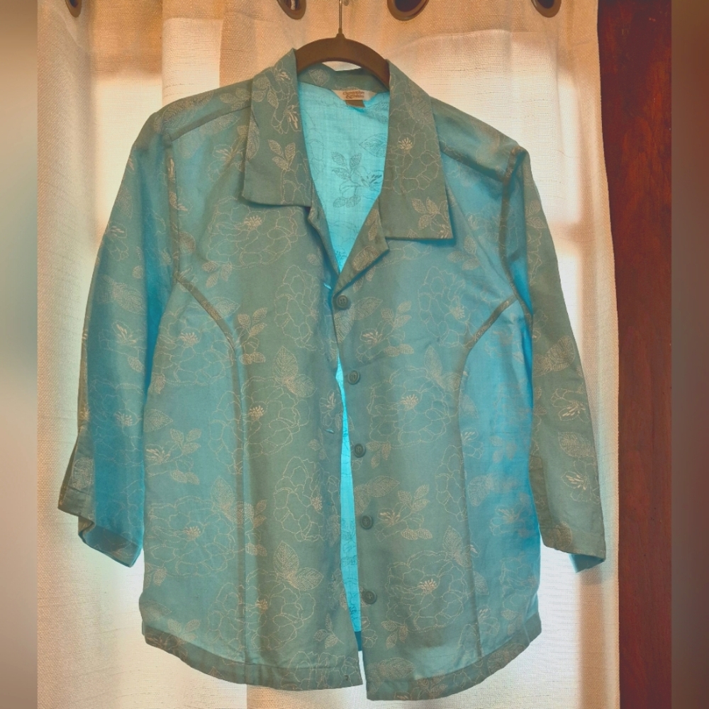 Christopher & Banks White Printed Floral On Tiffany Blue Light Jacket Sz. Large